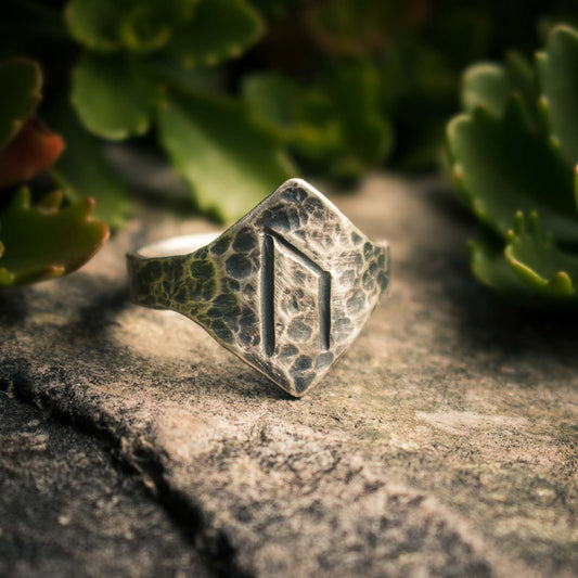 hammered silver ring with rune engraved